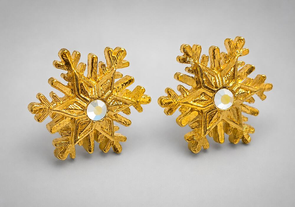 Vintage Snowflake‎ Christmas Pierced Earrings- AB Rhinestones& Gold-tone h-86